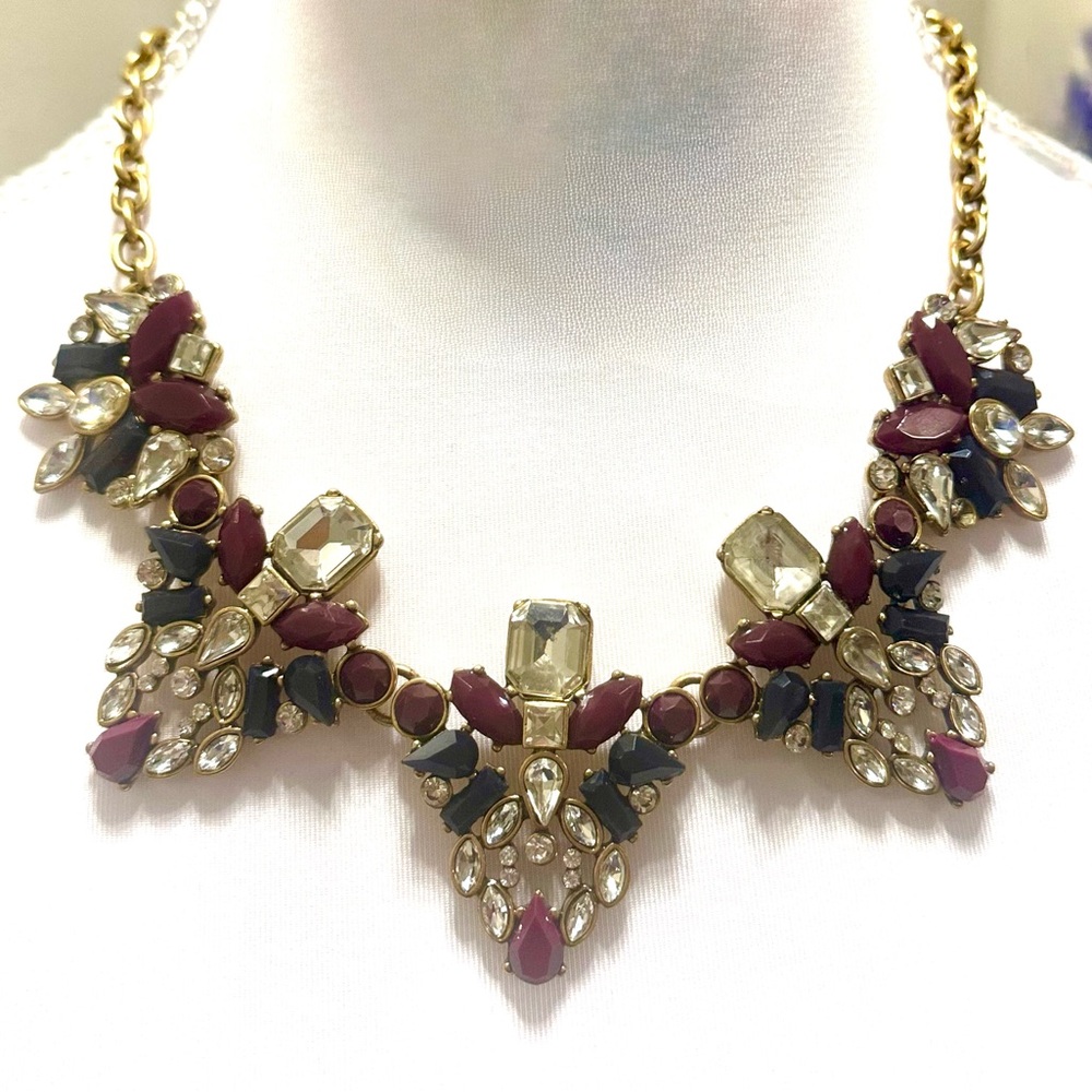 J.Crew Statement Necklace | Burgundy, Black & Crystal Cluster Design Gold Chain
